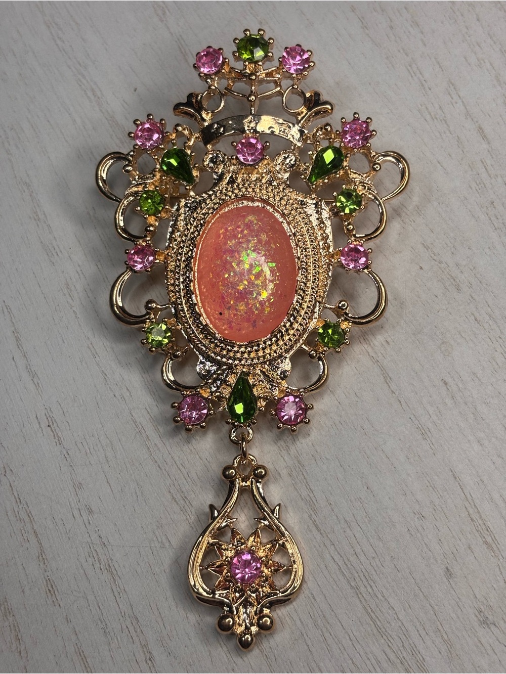 Victorian Style Pink Opal Rhinestone Statement Brooch large
